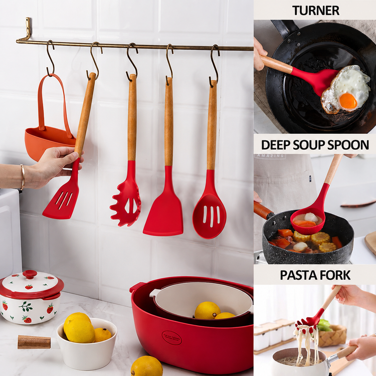 12 Pcs Silicone Kitchen Tool Set with Wooden Handles | Non Stick Cookware Safe Cooking Utensils with Storage Holder | Kitchen Accessories Set for Cooking & Baking (Red)