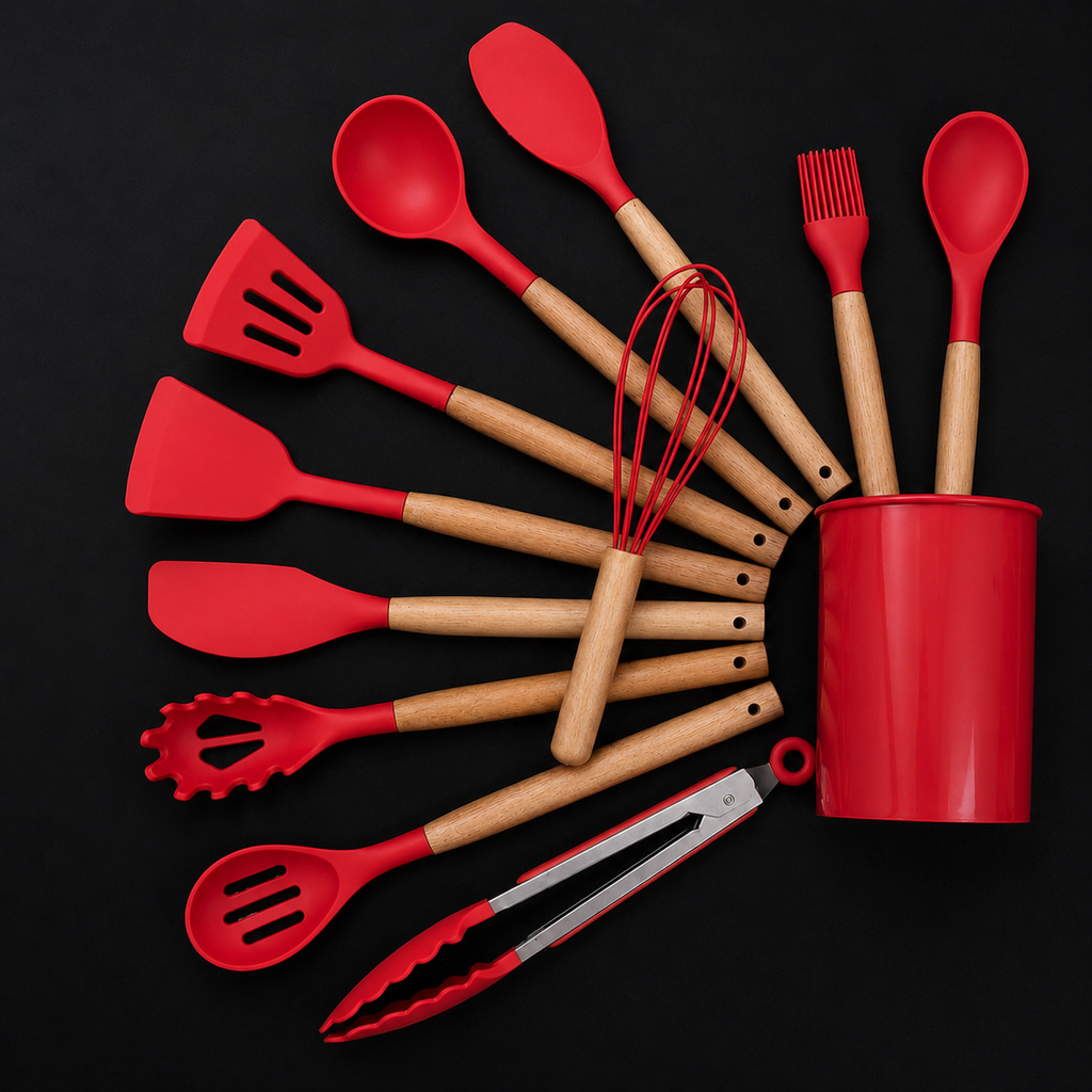 12 Pcs Silicone Kitchen Tool Set with Wooden Handles | Non Stick Cookware Safe Cooking Utensils with Storage Holder | Kitchen Accessories Set for Cooking & Baking (Red)