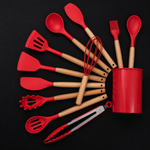 12 Pcs Silicone Kitchen Tool Set with Wooden Handles | Non Stick Cookware Safe Cooking Utensils with Storage Holder | Kitchen Accessories Set for Cooking & Baking (Red)