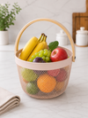 Premium Multipurpose Metal Mesh Storage Basket with Wooden Handle | Fruit Basket, Bathroom Organizer, Kitchen Counter Basket, Vegetable & Utility Storage- Pink
