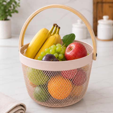 Premium Multipurpose Metal Mesh Storage Basket with Wooden Handle | Fruit Basket, Bathroom Organizer, Kitchen Counter Basket, Vegetable & Utility Storage- Pink