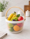 Premium Multipurpose Metal Mesh Storage Basket with Wooden Handle | Fruit Basket, Bathroom Organizer, Kitchen Counter Basket, Vegetable & Utility Storage- White