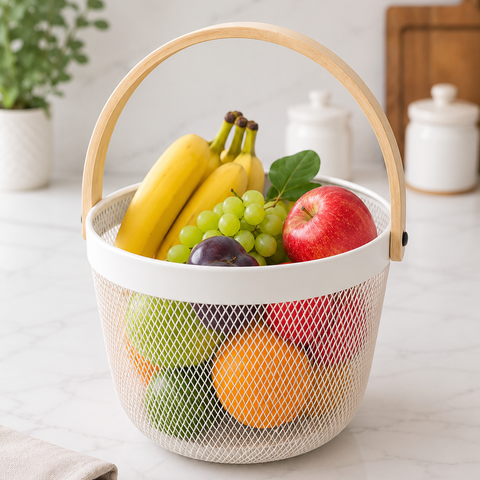 Premium Multipurpose Metal Mesh Storage Basket with Wooden Handle | Fruit Basket, Bathroom Organizer, Kitchen Counter Basket, Vegetable & Utility Storage- White