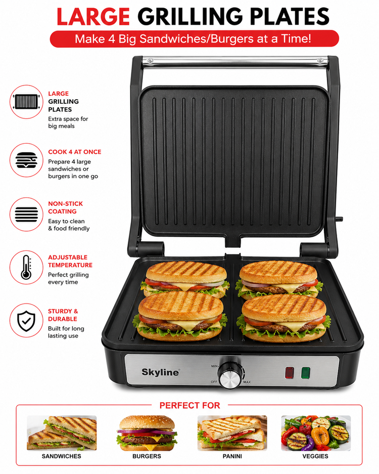 Skyline 2000W Super Jumbo 180° Grill VTL-111SS - Perfect for Family-Sized Grilling!