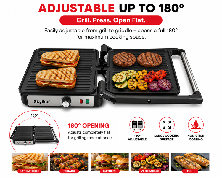 Skyline 2000W Super Jumbo 180° Grill VTL-111SS - Perfect for Family-Sized Grilling!