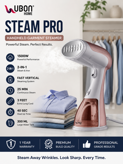 UBON Home Steam Pro IR-5025 1500W Handheld Garment Steamer | 2-in-1 Steam Iron & Fabric Steamer | Fast 40-Second Heat-Up | 300ml Water Tank | Vertical Steaming for Clothes, Sarees, Suits & Curtains