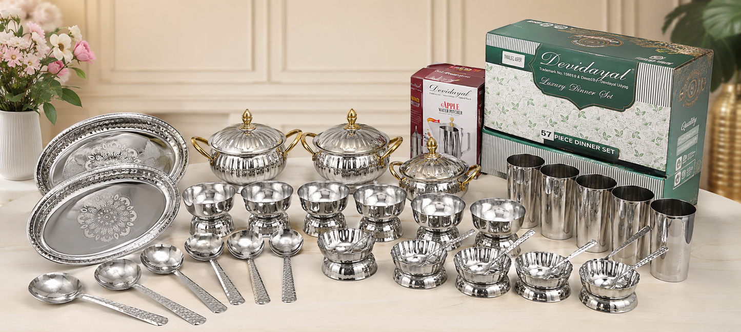 Devidayal 57-Piece Stainless Steel Luxury Dinner Set with Water Jug, Double Wall Donga, Plates, Bowls, Glasses & Spoons | Premium Family Dining Set for 6