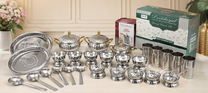 Devidayal 57-Piece Stainless Steel Luxury Dinner Set with Water Jug, Double Wall Donga, Plates, Bowls, Glasses & Spoons | Premium Family Dining Set for 6