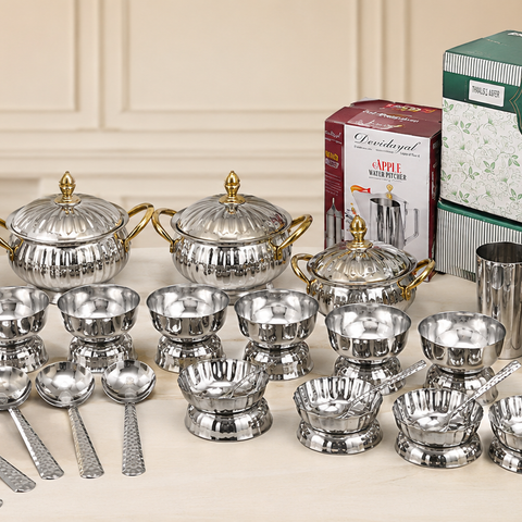 Devidayal 57-Piece Stainless Steel Luxury Dinner Set with Water Jug, Double Wall Donga, Plates, Bowls, Glasses & Spoons | Premium Family Dining Set for 6