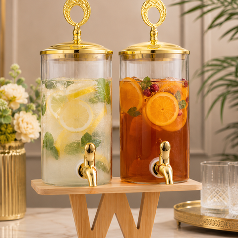 Luxury Double Glass Beverage Dispenser 5 Litres (2 x 2.5L) with Gold Finish Taps & Wooden Stand | Premium Juice, Cocktail, Mocktail & Infused Water Server