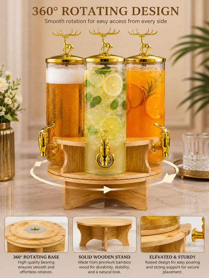 Luxury 3-Jar Rotating Beverage Dispenser 5.5 Litres with Gold Deer Lid Handles & Wooden Rotating Stand | Juice, Mocktail, Beer & Cocktail Server for Parties