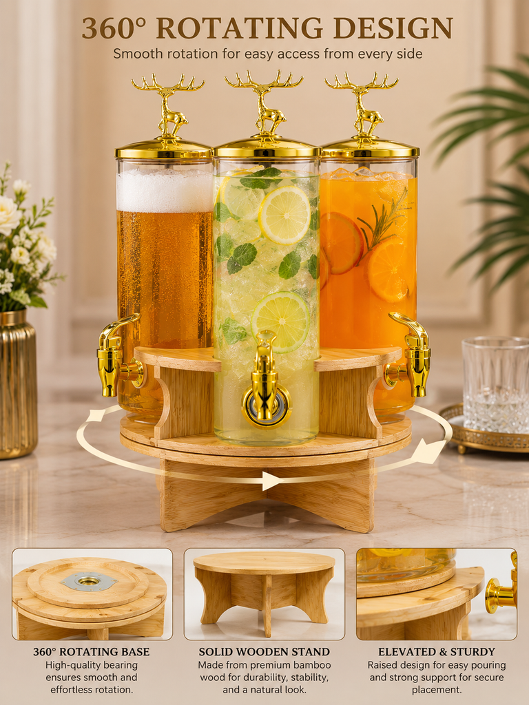 Luxury 3-Jar Rotating Beverage Dispenser 5.5 Litres with Gold Deer Lid Handles & Wooden Rotating Stand | Juice, Mocktail, Beer & Cocktail Server for Parties
