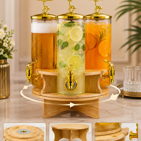 Luxury 3-Jar Rotating Beverage Dispenser 5.5 Litres with Gold Deer Lid Handles & Wooden Rotating Stand | Juice, Mocktail, Beer & Cocktail Server for Parties
