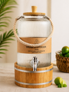 3 Litre Glass Beverage Dispenser with Bamboo Lid & Wooden Stand | Premium Ribbed Glass Water Dispenser Jar with Tap for Detox Water, Juice, Lemonade & Party Serving