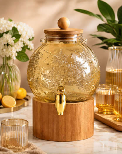 4 Litre Gold Tinted Glass Beverage Dispenser with Wooden Stand & Lid | Premium Juice, Water & Cold Drink Server for Home, Parties & Events