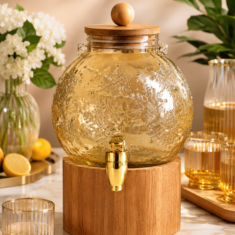 4 Litre Gold Tinted Glass Beverage Dispenser with Wooden Stand & Lid | Premium Juice, Water & Cold Drink Server for Home, Parties & Events