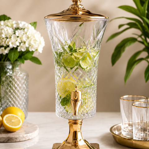 4 Litre Crystal Cut Glass Beverage Dispenser with Gold Finish Stand & Tap | Luxury Water, Juice & Mocktail Server for Home, Parties & Events