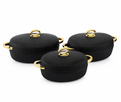 Bonjour President Premium Stainless Steel Casserole Set of 3 with Magnetic Lid (1500ml, 2000ml & 2500ml) | Double Wall Insulated Hot Pot | Elegant Black & Gold Finish