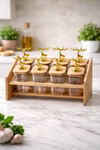 8 Pcs Glass Spice Jar Set with Wooden Rack & Airtight Bamboo Lids | Decorative Gold Deer Handle Storage Containers | Kitchen Masala Organizer Jar Set for Spices, Dry Fruits & Condiments