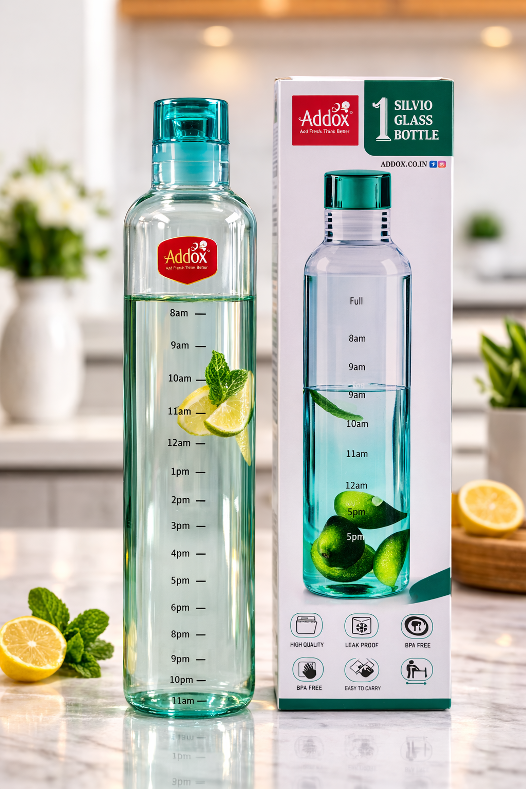 Addox 1 Litre Glass Water Bottle with Time Marker | Motivational Drinking Bottle with Leakproof Cap | BPA Free Reusable Hydration Bottle for Gym, Office, Home & Travel