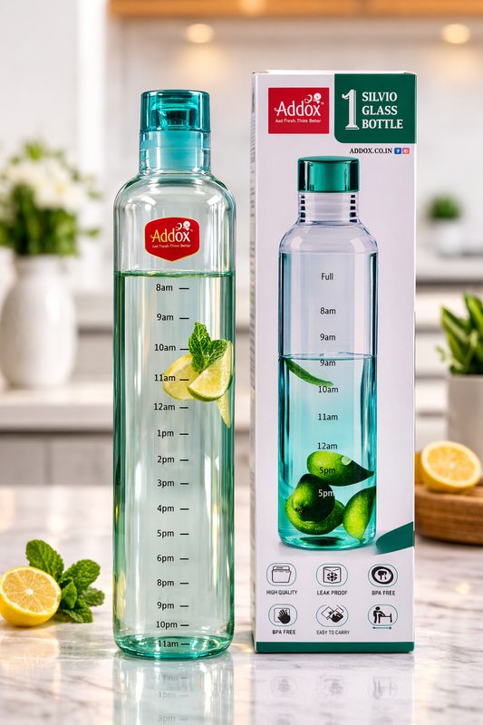 Addox 1 Litre Glass Water Bottle with Time Marker | Motivational Drinking Bottle with Leakproof Cap | BPA Free Reusable Hydration Bottle for Gym, Office, Home & Travel