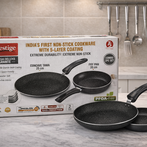Prestige Aluminium Omega Deluxe Granite Non-Stick Cookware Combo Pack of 2-Concave Tawa 25cm, Fry Pan 20cm|Gas & Induction Compatible|Black