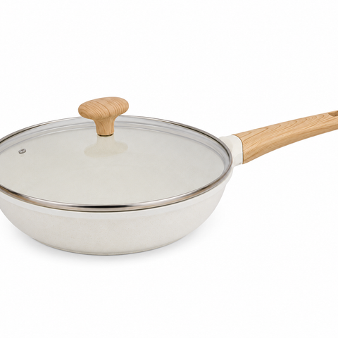 KROSLO Sierra Collection 22cm Fry Pan with Glass Lid (1.6 Litres) | Non-Stick Deep Frying Pan with Wooden Finish Handle | Induction & Gas Compatible Cookware