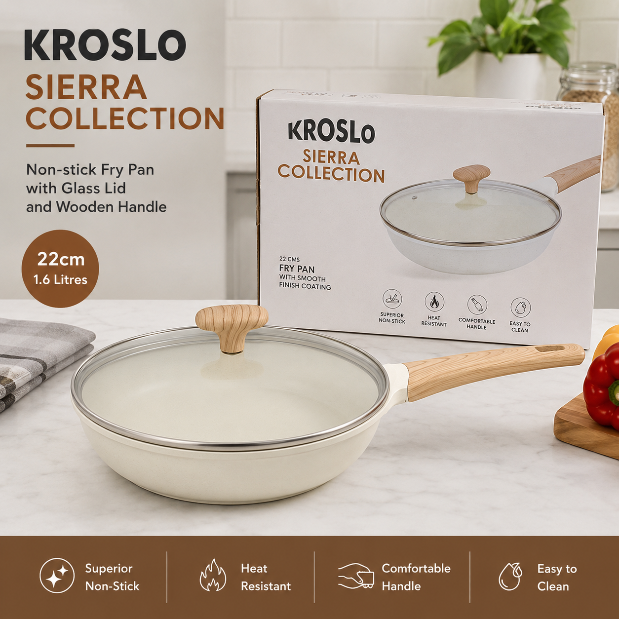 KROSLO Sierra Collection 22cm Fry Pan with Glass Lid (1.6 Litres) | Non-Stick Deep Frying Pan with Wooden Finish Handle | Induction & Gas Compatible Cookware
