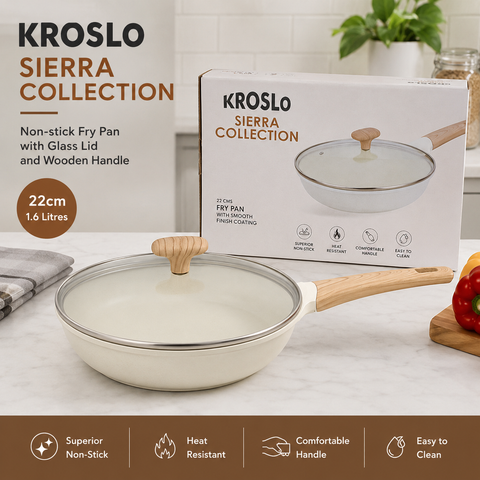 KROSLO Sierra Collection 22cm Fry Pan with Glass Lid (1.6 Litres) | Non-Stick Deep Frying Pan with Wooden Finish Handle | Induction & Gas Compatible Cookware