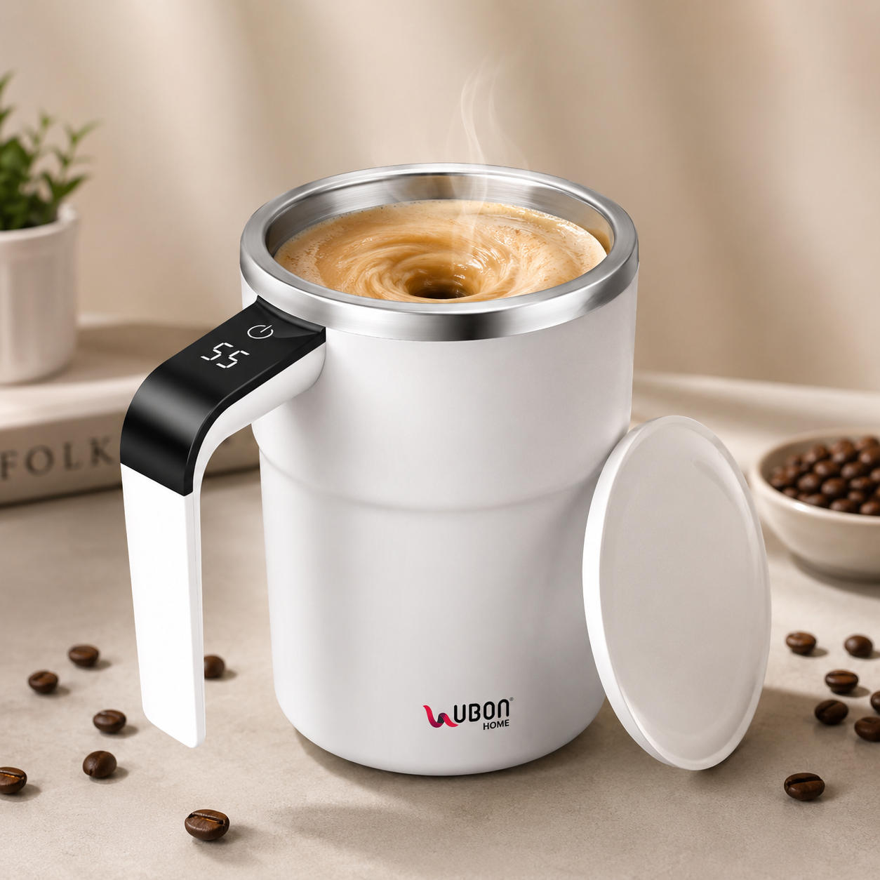 UBON Home CM-1120 Rechargeable Coffee Mixer Mug 400ml | Automatic Self Stirring Coffee Mug with Touch LED Display | Stainless Steel Vacuum Insulated Coffee Blender Cup for Hot & Cold Beverages | 1 Year Warranty