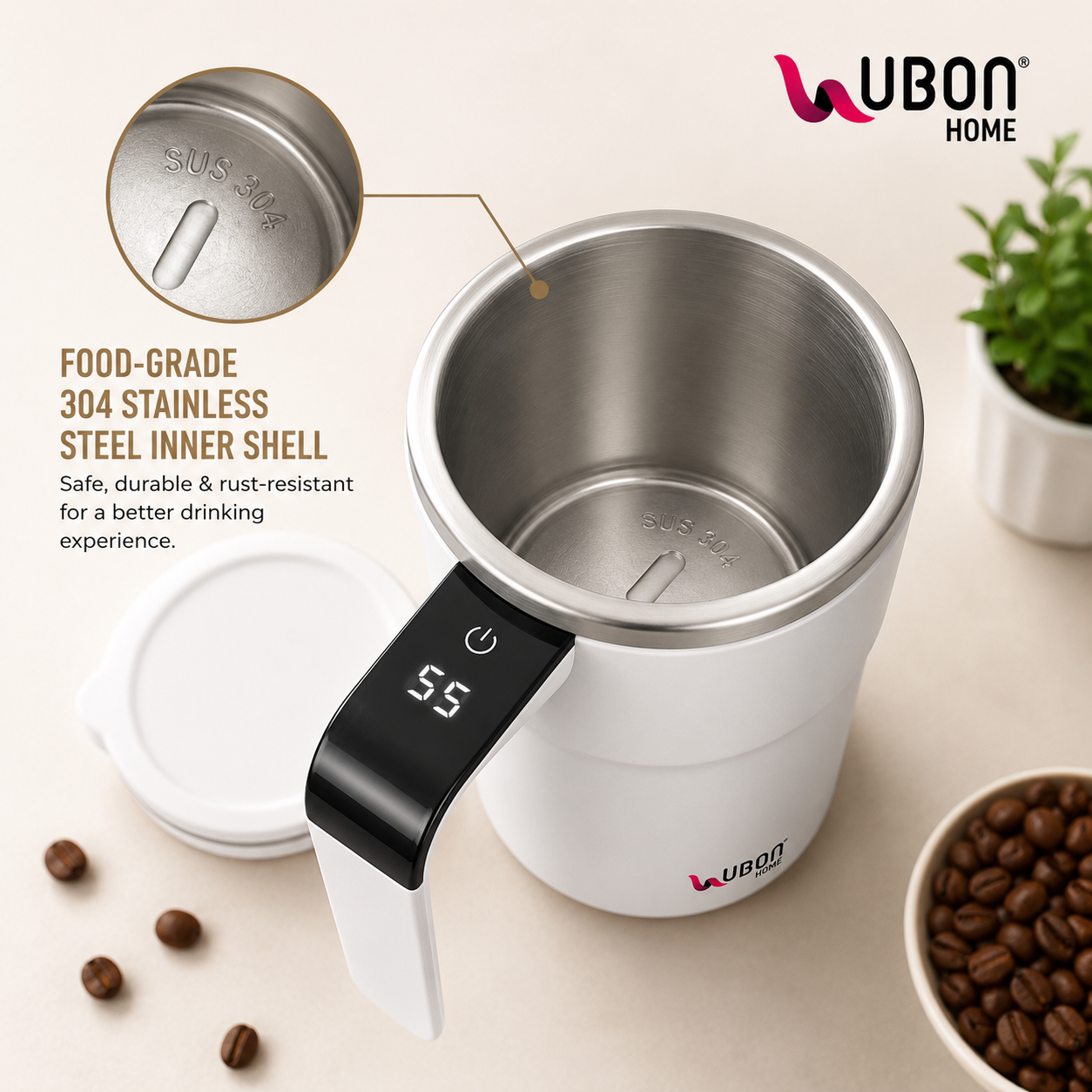 UBON Home CM-1120 Rechargeable Coffee Mixer Mug 400ml | Automatic Self Stirring Coffee Mug with Touch LED Display | Stainless Steel Vacuum Insulated Coffee Blender Cup for Hot & Cold Beverages | 1 Year Warranty