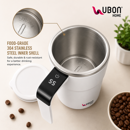 UBON Home CM-1120 Rechargeable Coffee Mixer Mug 400ml | Automatic Self Stirring Coffee Mug with Touch LED Display | Stainless Steel Vacuum Insulated Coffee Blender Cup for Hot & Cold Beverages | 1 Year Warranty