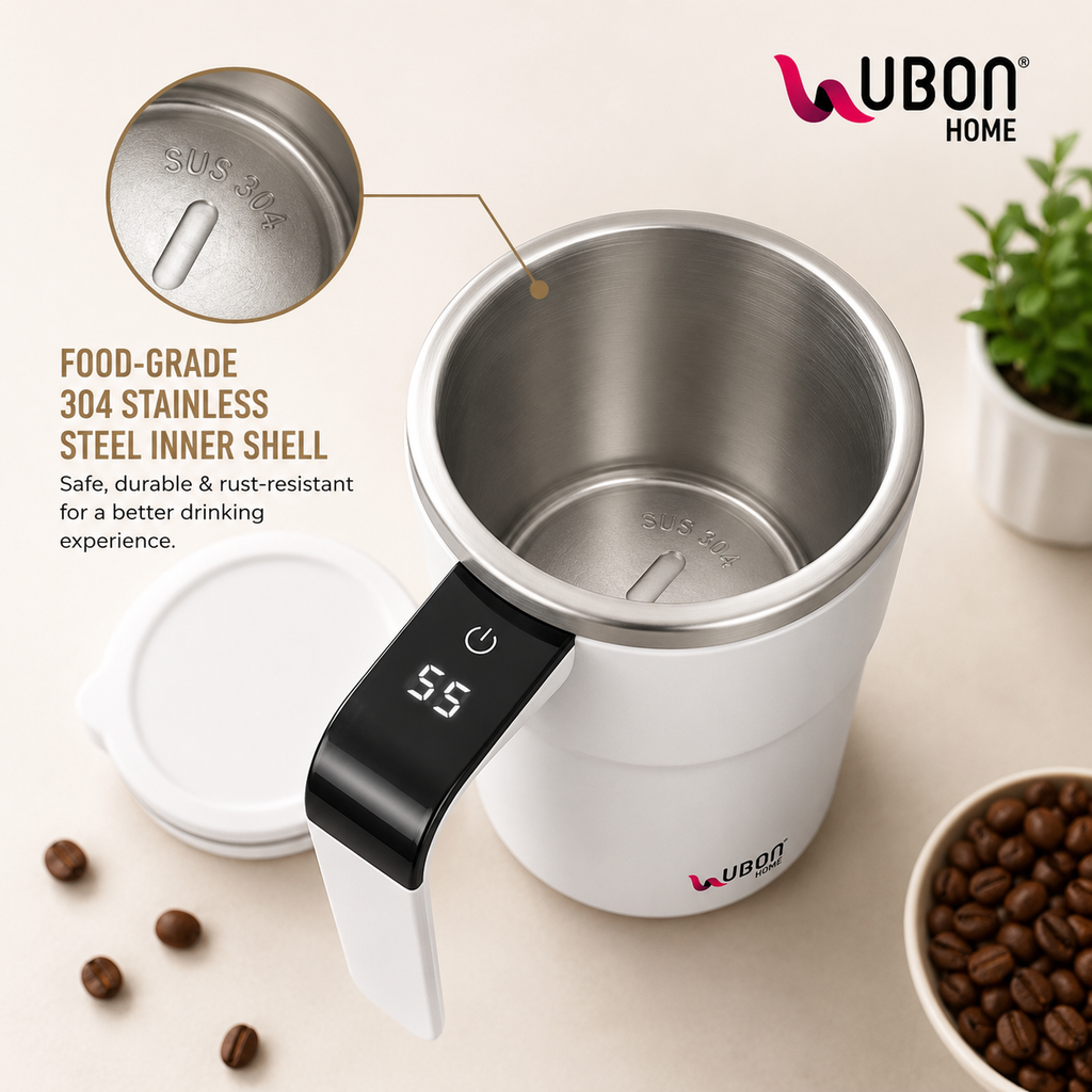 UBON Home CM-1120 Rechargeable Coffee Mixer Mug 400ml | Automatic Self Stirring Coffee Mug with Touch LED Display | Stainless Steel Vacuum Insulated Coffee Blender Cup for Hot & Cold Beverages | 1 Year Warranty