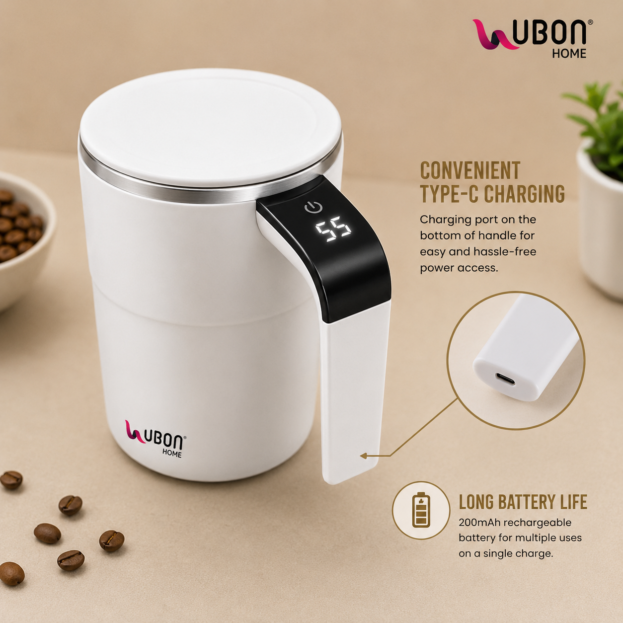 UBON Home CM-1120 Rechargeable Coffee Mixer Mug 400ml | Automatic Self Stirring Coffee Mug with Touch LED Display | Stainless Steel Vacuum Insulated Coffee Blender Cup for Hot & Cold Beverages | 1 Year Warranty