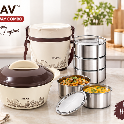 Jaypee Utsav Home & Away Combo Set | Insulated Casserole & Stainless Steel Lunch Box Set | Hot & Fresh Food Storage Set for Home, Office & Travel