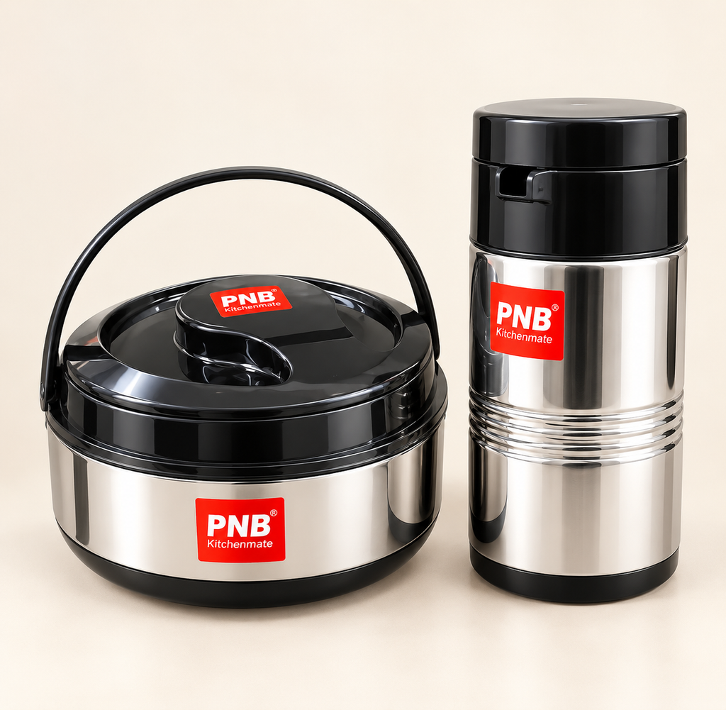 PNB Kitchenmate Insulated Casserole & Hot Cold Kettle Combo Set – 2000ml Stainless Steel Casserole & 1.5L Insulated Thermal Kettle for Food & Beverage Storage