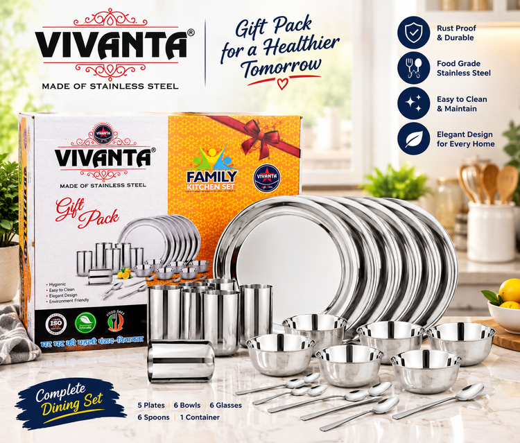 Vivanta 16-Piece Stainless Steel Dinner Set | Complete Family Dining Set with Plates, Bowls, Glasses & Spoons | Elegant Tableware Set for Home, Kitchen & Gifting