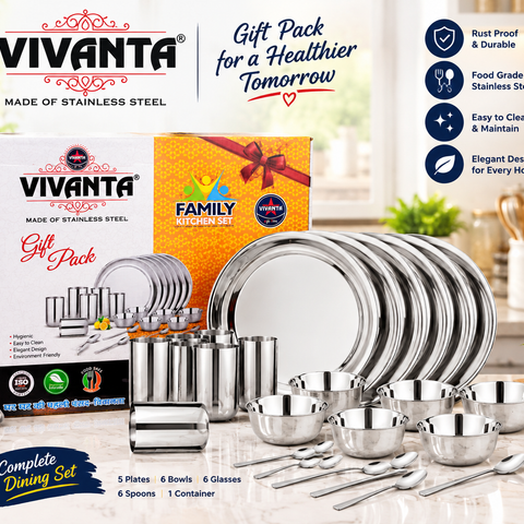 Vivanta 24-Piece Stainless Steel Dinner Set | Complete Family Dining Set with Plates, Bowls, Glasses & Spoons | Elegant Tableware Set for Home, Kitchen & Gifting