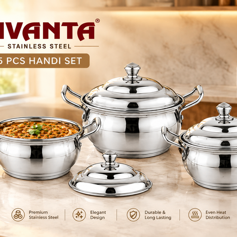 Vivanta Stainless Steel 3 Pcs Handi Set – Premium Induction & Gas Compatible Cookware Set with Lids