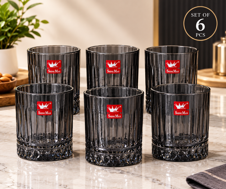 Shine Max 350ml Whisky Glass Set of 6 | Premium Black Tinted Ribbed Crystal Tumblers | Heavy Base Whiskey Glasses for Scotch, Cocktails & Beverages