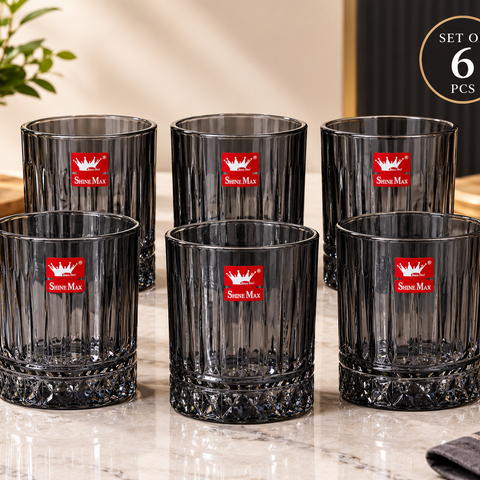 Shine Max 350ml Whisky Glass Set of 6 | Premium Black Tinted Ribbed Crystal Tumblers | Heavy Base Whiskey Glasses for Scotch, Cocktails & Beverages