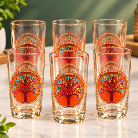280ml Tree of Life Printed Glass Tumbler Set of 6 | Decorative Drinking Glasses for Juice, Water & Beverages