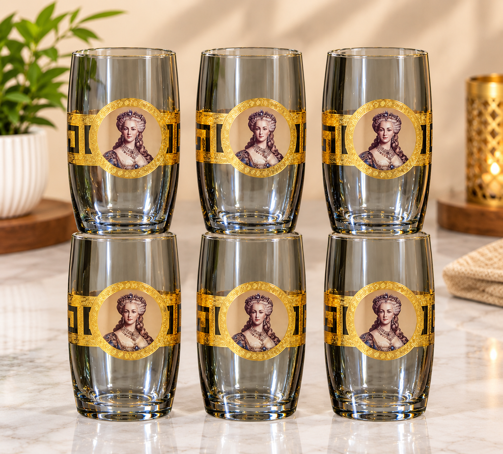 280ml Luxury Golden Printed Glass Set of 6 | Premium Designer Drinking Tumblers with Elegant Portrait & Greek Key Design