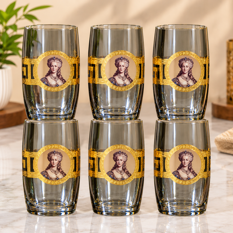 280ml Luxury Golden Printed Glass Set of 6 | Premium Designer Drinking Tumblers with Elegant Portrait & Greek Key Design