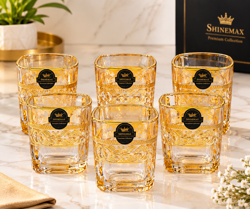 SHINEMAX Premium 390ml Whisky Glass Set of 6 | Elegant Gold Printed Whiskey & Juice Glasses | Luxury Drinking Glasses for Home, Bar & Gifting