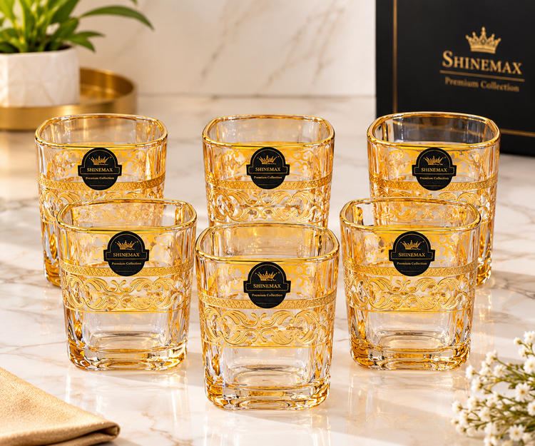 SHINEMAX Premium 390ml Whisky Glass Set of 6 | Elegant Gold Printed Whiskey & Juice Glasses | Luxury Drinking Glasses for Home, Bar & Gifting