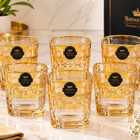 SHINEMAX Premium 390ml Whisky Glass Set of 6 | Elegant Gold Printed Whiskey & Juice Glasses | Luxury Drinking Glasses for Home, Bar & Gifting