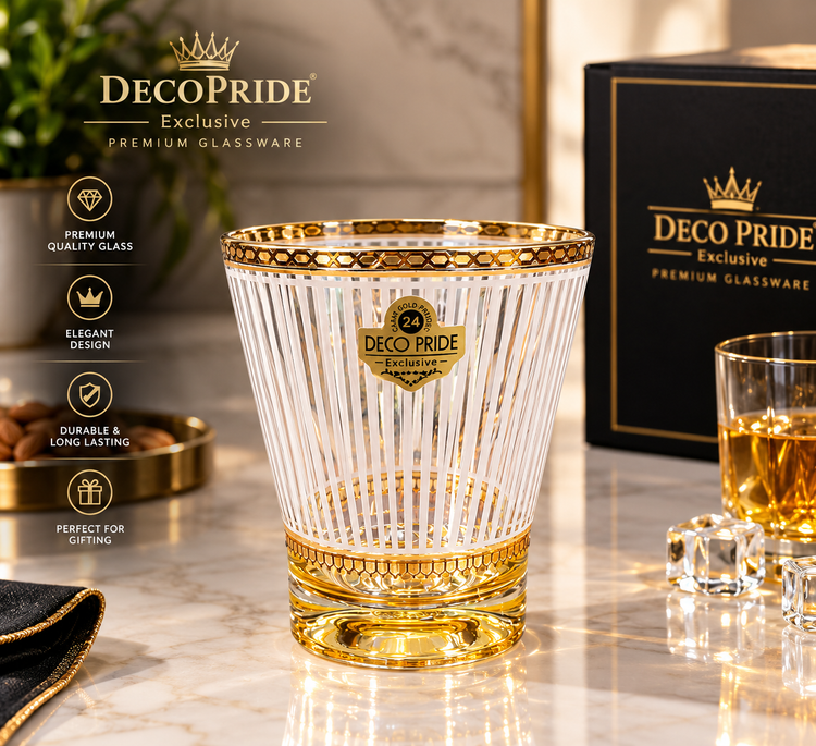 DecoPride 300ml Whisky Glass Set of 6 | Premium Gold Printed Drinking Glasses | Elegant Juice, Whiskey & Cocktail Glasses | Luxury Barware & Gifting Set