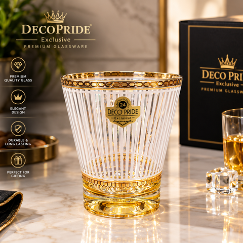 DecoPride 300ml Whisky Glass Set of 6 | Premium Gold Printed Drinking Glasses | Elegant Juice, Whiskey & Cocktail Glasses | Luxury Barware & Gifting Set