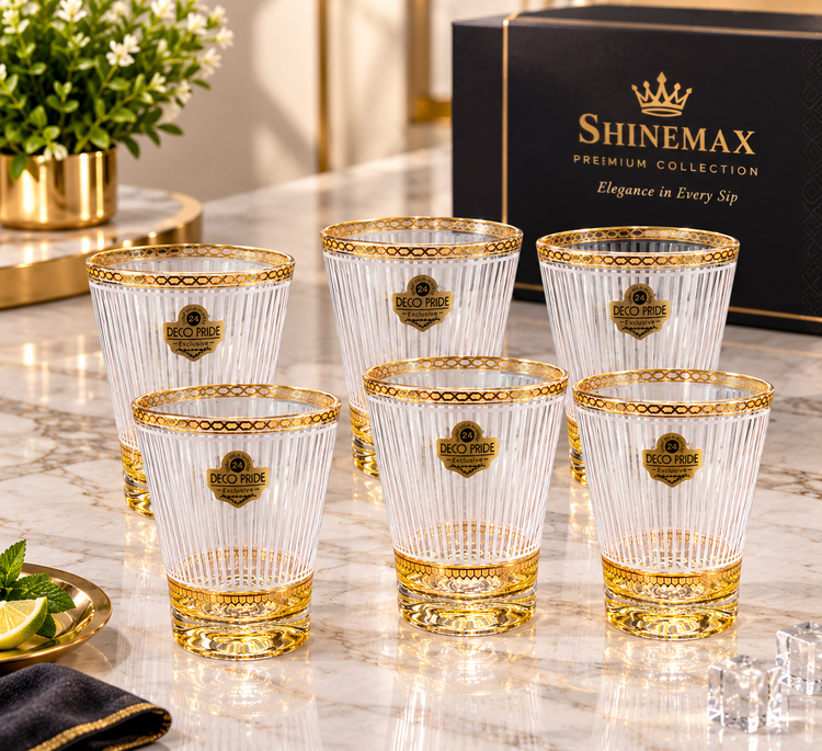 DecoPride 300ml Whisky Glass Set of 6 | Premium Gold Printed Drinking Glasses | Elegant Juice, Whiskey & Cocktail Glasses | Luxury Barware & Gifting Set